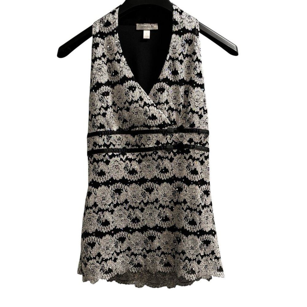 Vintage Y2K Dressbarn Tank Top S Black Silver Sequin Lace Glam Goth Fairy 90s